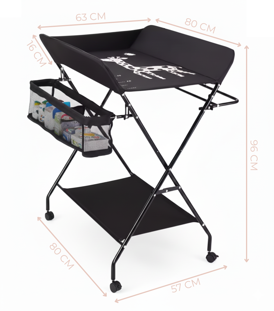 Table à Langer Pliante & Mobile sur Roulettes (Noir) – Rangement XL & Design Girafe