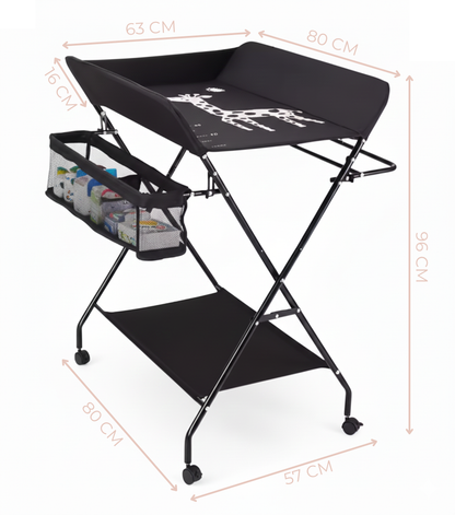 Table à Langer Pliante & Mobile sur Roulettes (Noir) – Rangement XL & Design Girafe