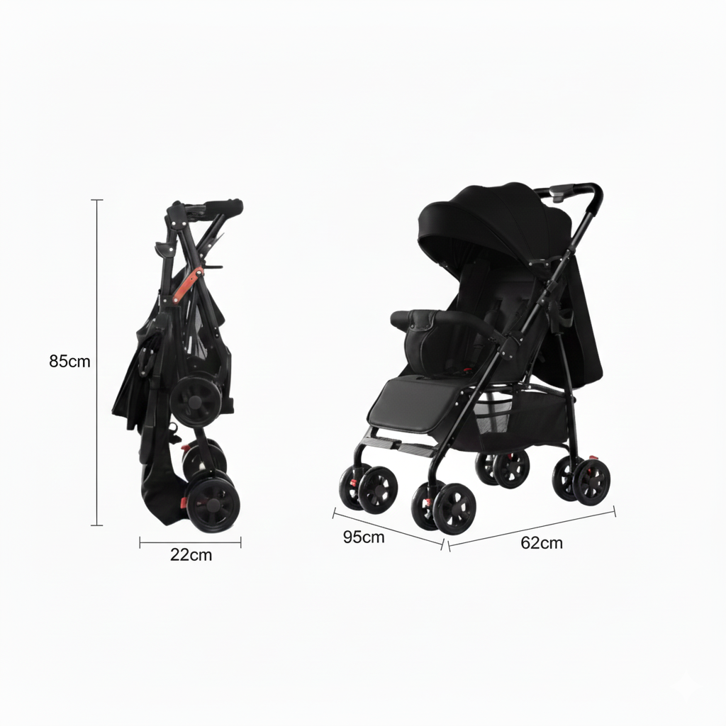 Poussette Citadine Compacte & Ultra Légère – Pliable, Confort & Design Noir