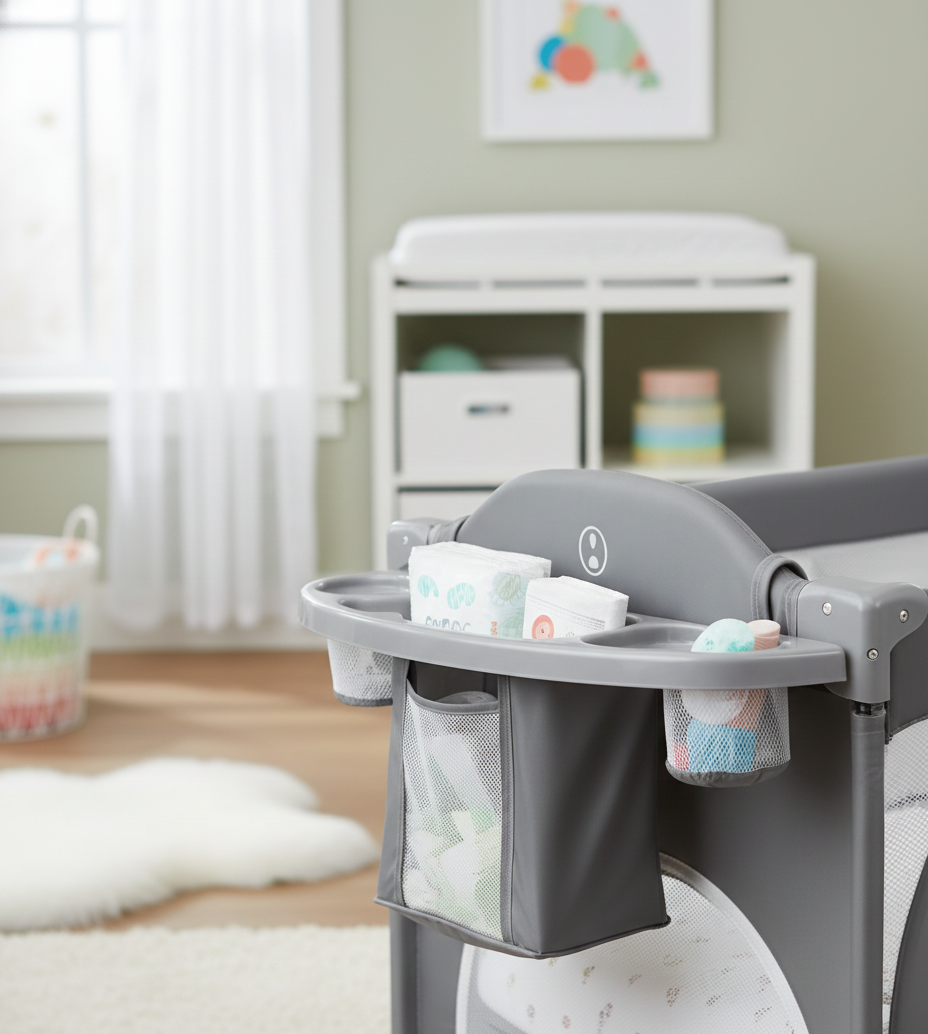 Lit Bébé Évolutif 4-en-1 : Berceau, Parc & Table à Langer avec Mobile d'Éveil