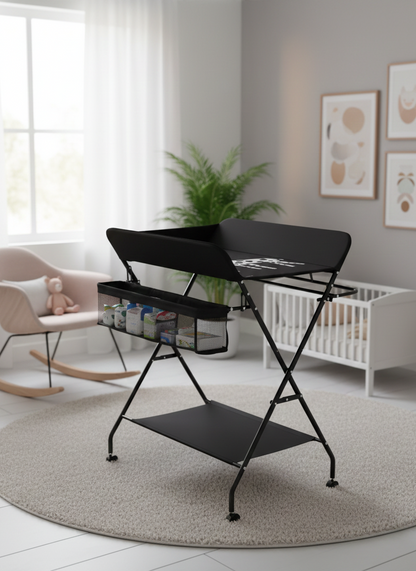 Table à Langer Pliante & Mobile sur Roulettes (Noir) – Rangement XL & Design Girafe