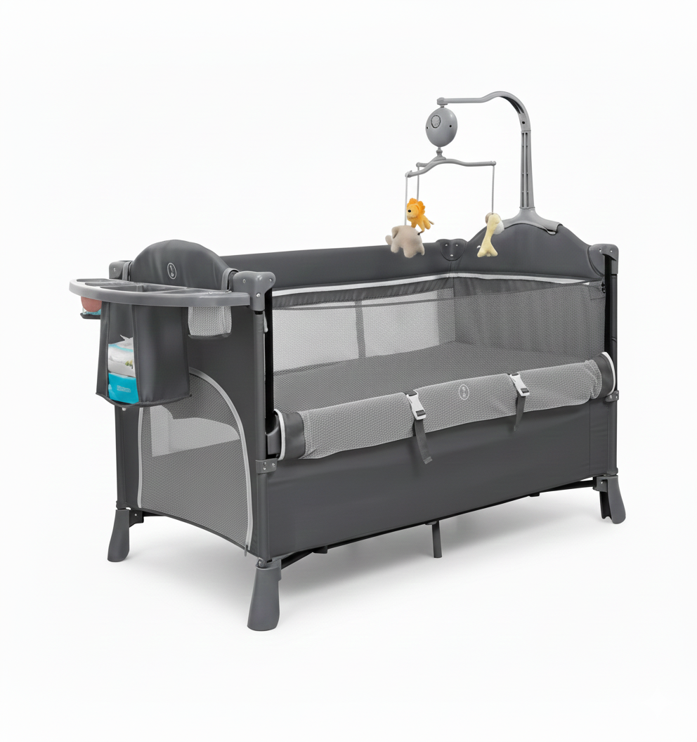 Lit Bébé Évolutif 4-en-1 : Berceau, Parc & Table à Langer avec Mobile d'Éveil