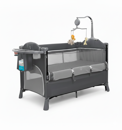 Lit Bébé Évolutif 4-en-1 : Berceau, Parc & Table à Langer avec Mobile d'Éveil