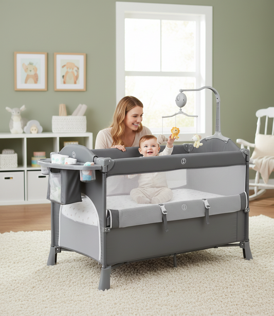 Lit Bébé Évolutif 4-en-1 : Berceau, Parc & Table à Langer avec Mobile d'Éveil