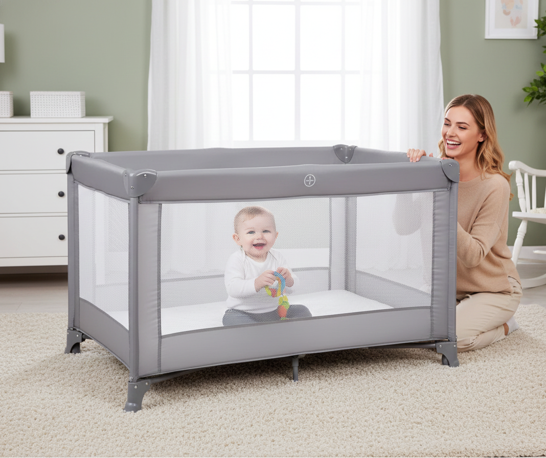 Lit Parapluie Bébé Pliable & Parc 2-en-1 – Sac de Transport, Matelas & Ouverture Latérale