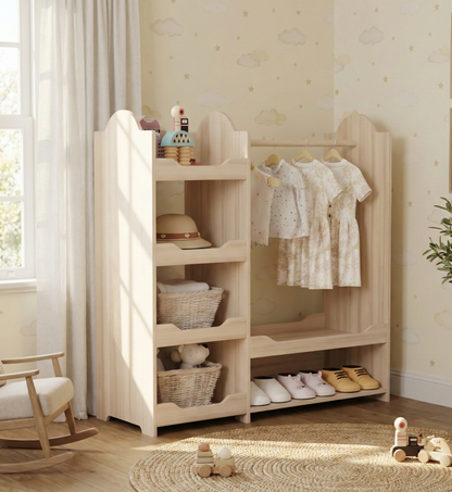 Dressing Montessori Enfant en Bois Massif – Penderie Ouverte & Étagères de Rangement