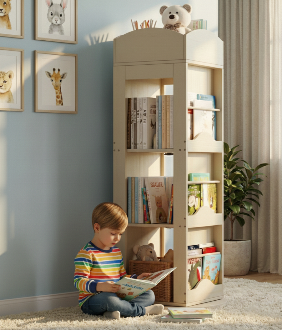 Bibliothèque Rotative 360° pour Enfant – Rangement Grande Capacité & Design Compact