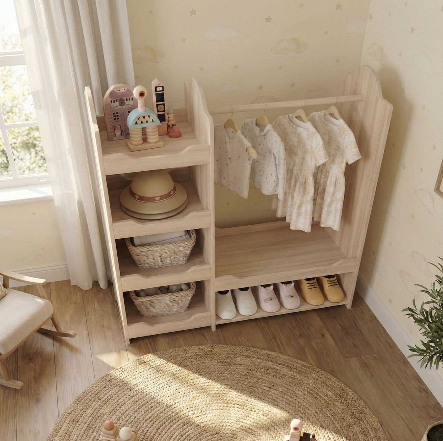 Dressing Montessori Enfant en Bois Massif – Penderie Ouverte & Étagères de Rangement