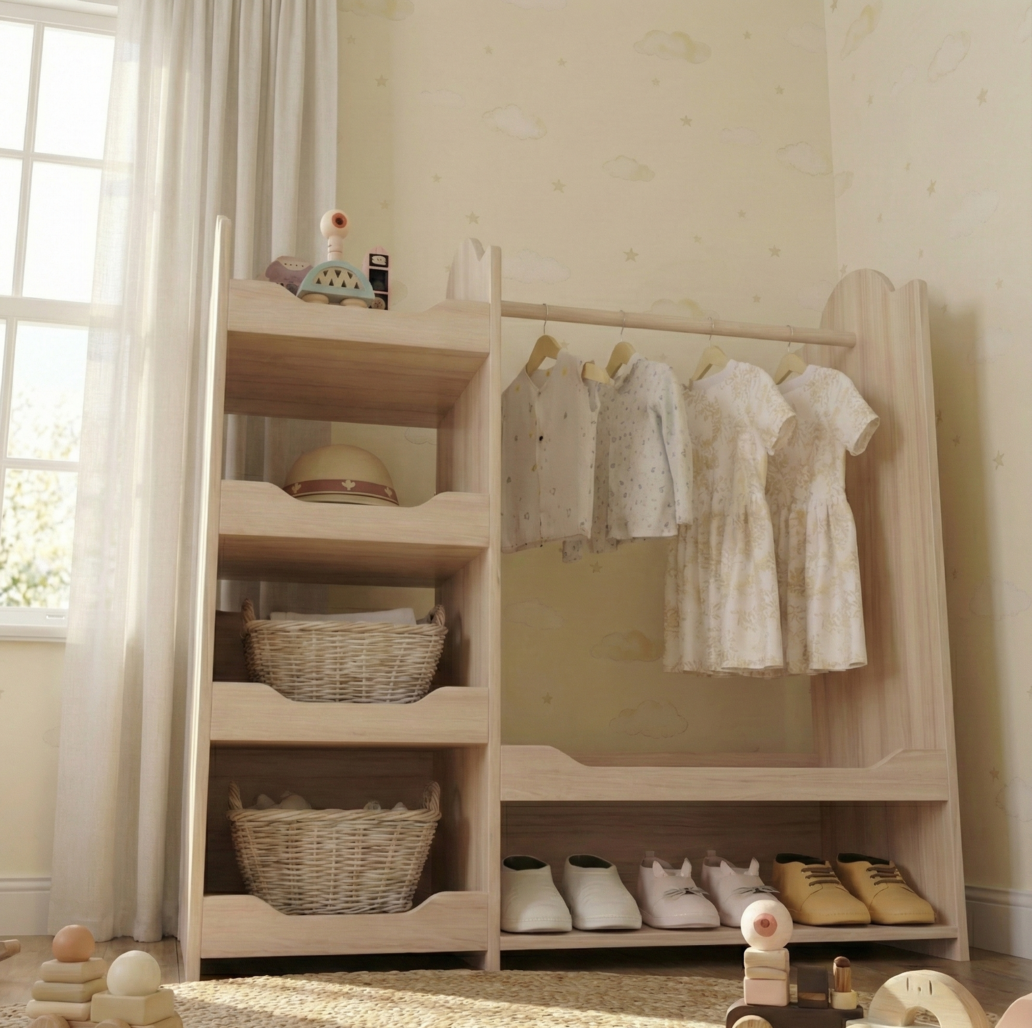 Dressing Montessori Enfant en Bois Massif – Penderie Ouverte & Étagères de Rangement