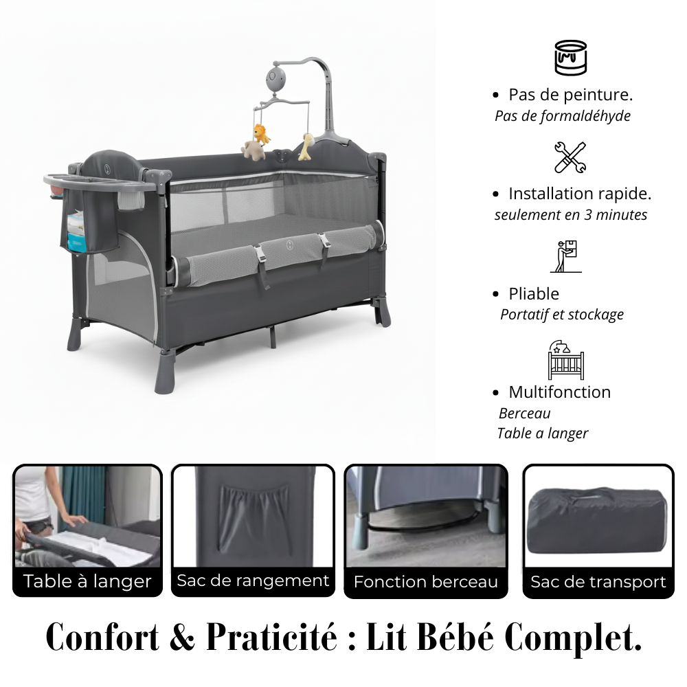 Lit Bébé Évolutif 4-en-1 : Berceau, Parc & Table à Langer avec Mobile d'Éveil